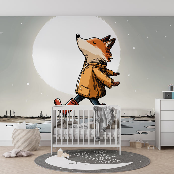Papier peint chambre enfant | Renard joyeux sous la lune