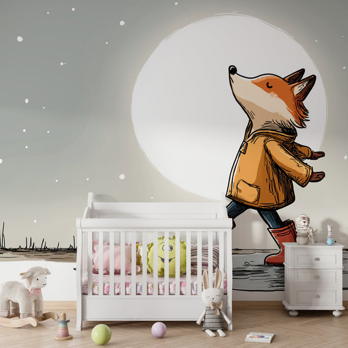 Papier peint chambre enfant | Renard joyeux sous la lune