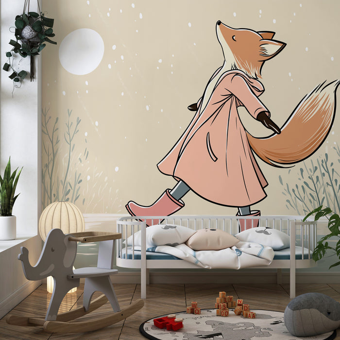 Papier peint chambre enfant | Renard joyeux sous la neige