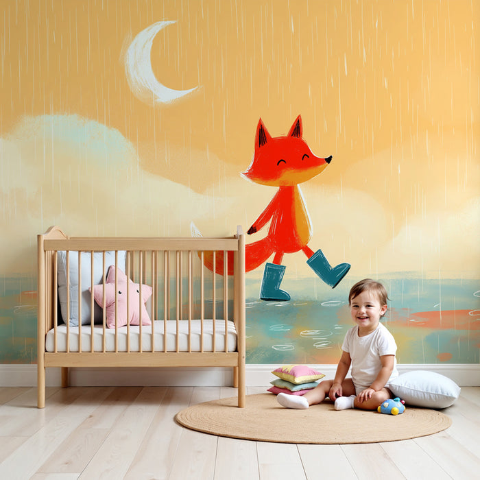 Papier peint chambre enfant | Renard joyeux sous la pluie