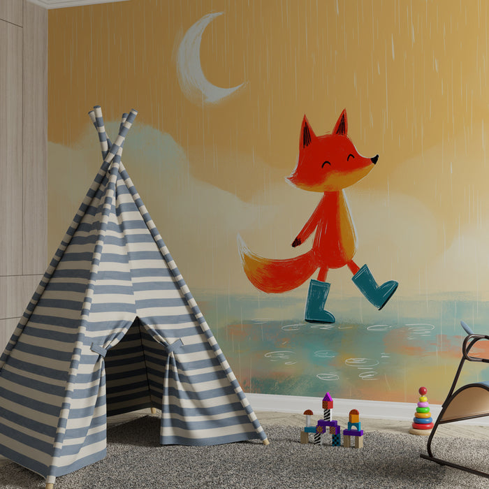 Papier peint chambre enfant | Renard joyeux sous la pluie