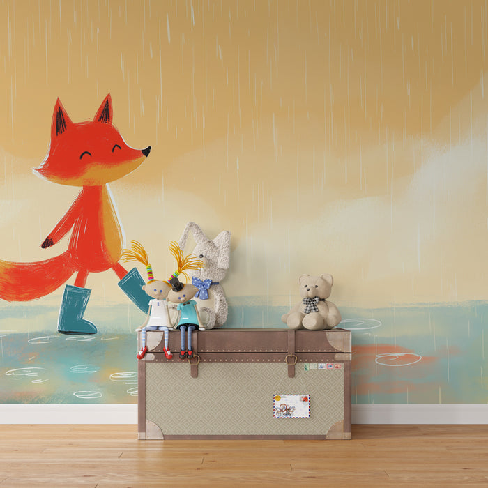 Papier peint chambre enfant | Renard joyeux sous la pluie