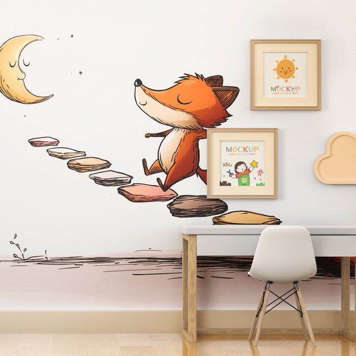 Papier peint chambre enfant | Renard joyeux sur des pierres