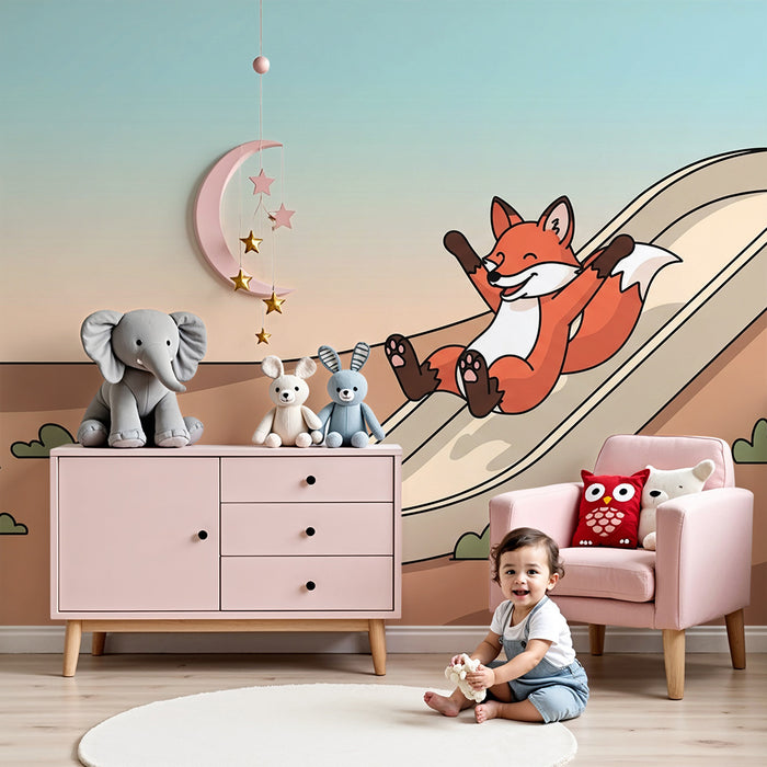 Børneværelse tapet | Glad ræv på rutsjebane