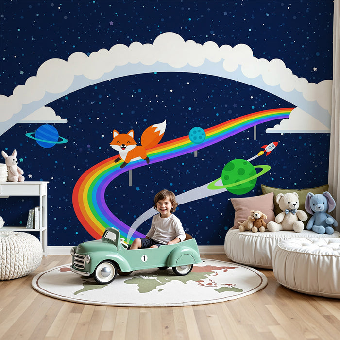 Papier peint chambre enfant | Renard joyeux sur un arc-en-ciel cosmique
