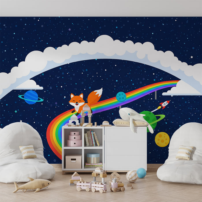 Papier peint chambre enfant | Renard joyeux sur un arc-en-ciel cosmique