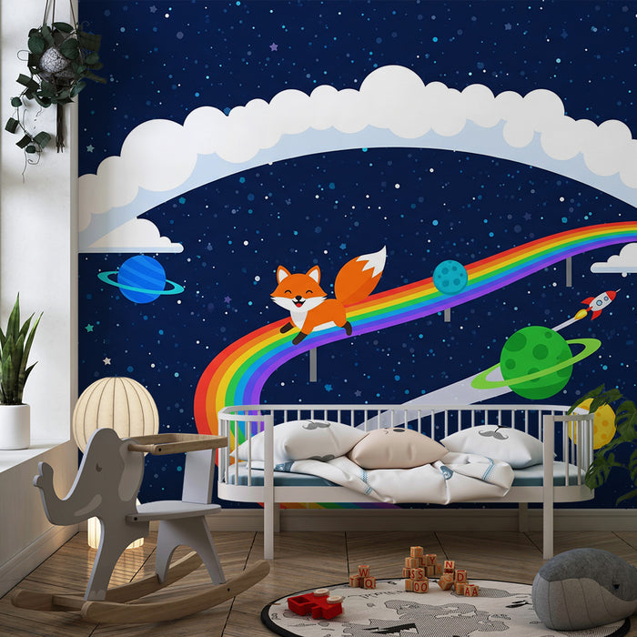 Papier peint chambre enfant | Renard joyeux sur un arc-en-ciel cosmique