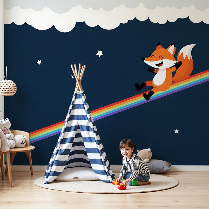 Kinderzimmer-Tapete | Fröhlicher Fuchs auf Regenbogen im Sternenhimmel