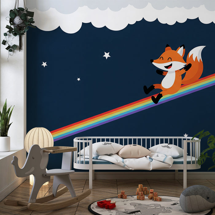 Kinderzimmer-Tapete | Fröhlicher Fuchs auf Regenbogen im Sternenhimmel