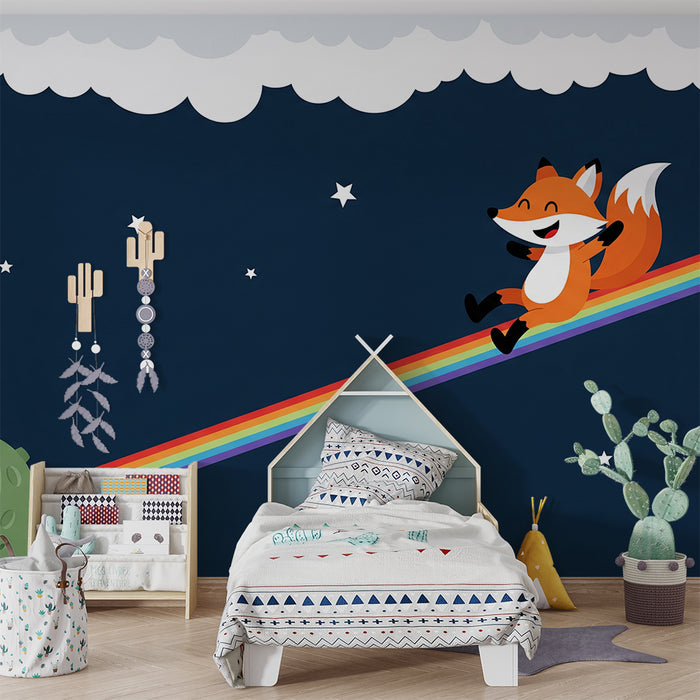 Kinderzimmer-Tapete | Fröhlicher Fuchs auf Regenbogen im Sternenhimmel