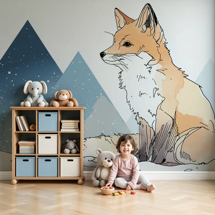 Papier peint chambre enfant | Renard majestueux et montagnes enneigées