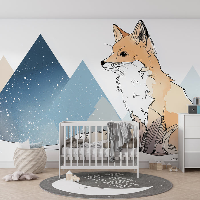 Papier peint chambre enfant | Renard majestueux et montagnes enneigées