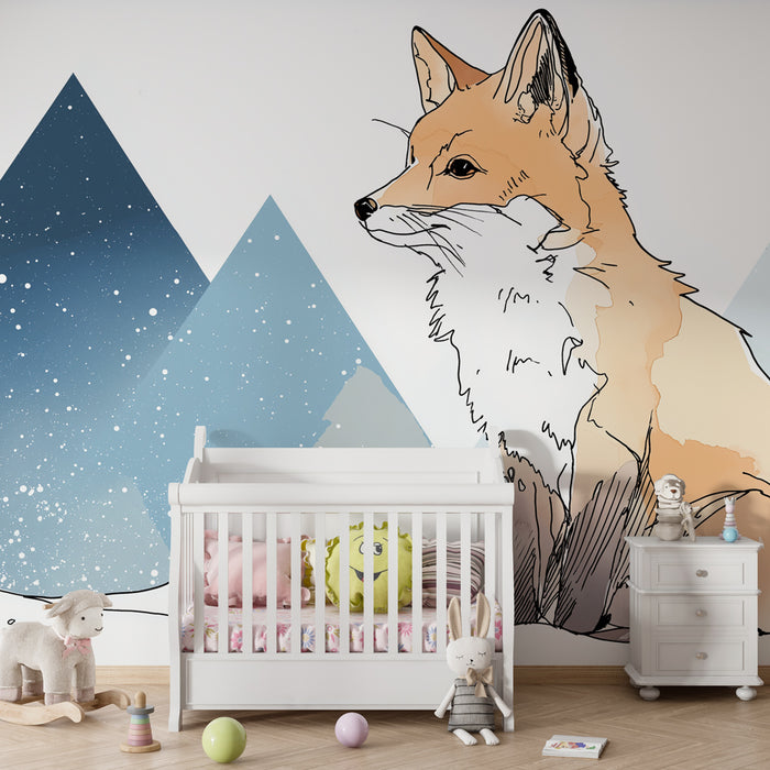 Papier peint chambre enfant | Renard majestueux et montagnes enneigées