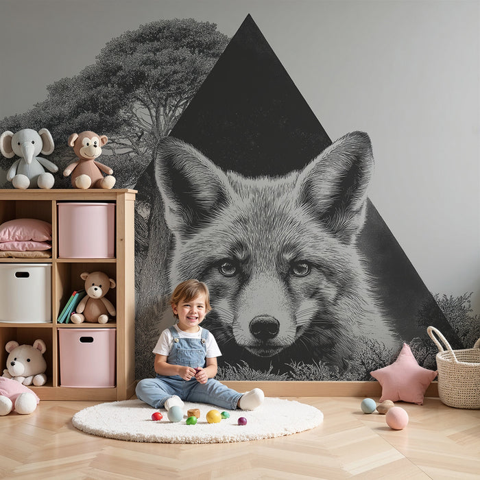 Papel de parede criança | Raposa majestosa e natureza estilizada em preto e branco