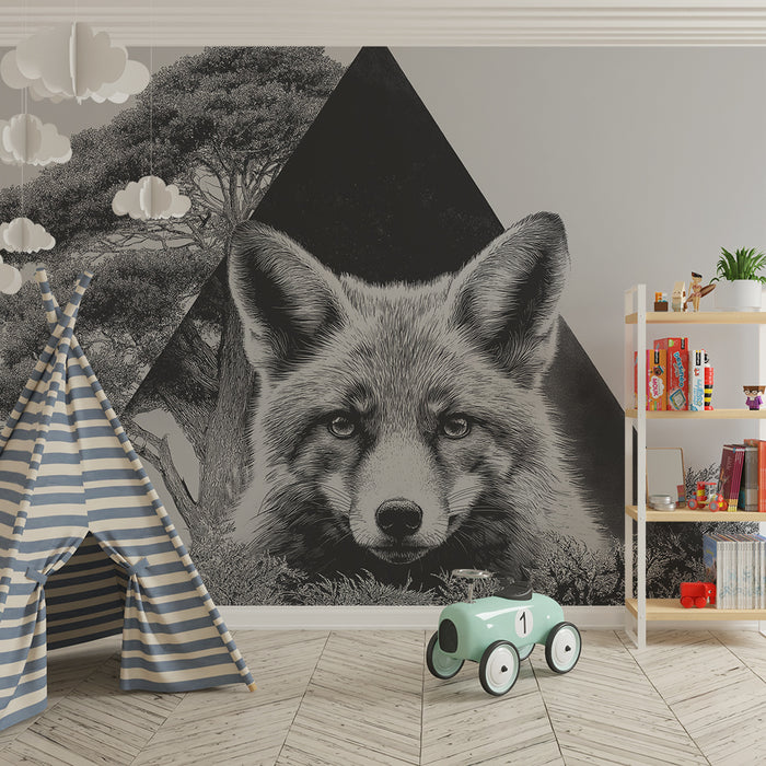 Papel de parede criança | Raposa majestosa e natureza estilizada em preto e branco
