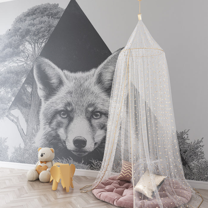 Papel de parede criança | Raposa majestosa e natureza estilizada em preto e branco