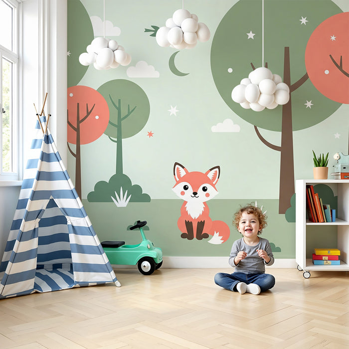 Kinderzimmer Tapete | Niedlicher Fuchs inmitten eines bunten Waldes