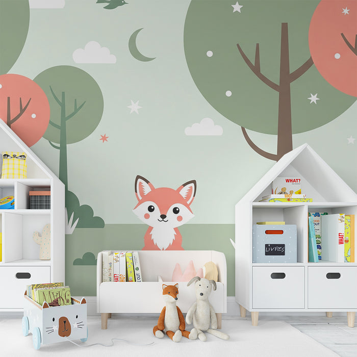 Kinderzimmer Tapete | Niedlicher Fuchs inmitten eines bunten Waldes