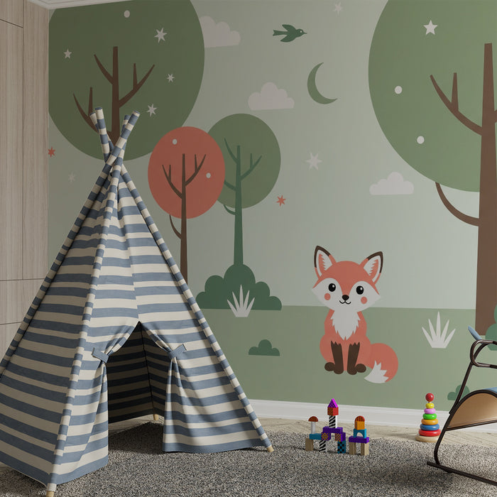 Kinderzimmer Tapete | Niedlicher Fuchs inmitten eines bunten Waldes