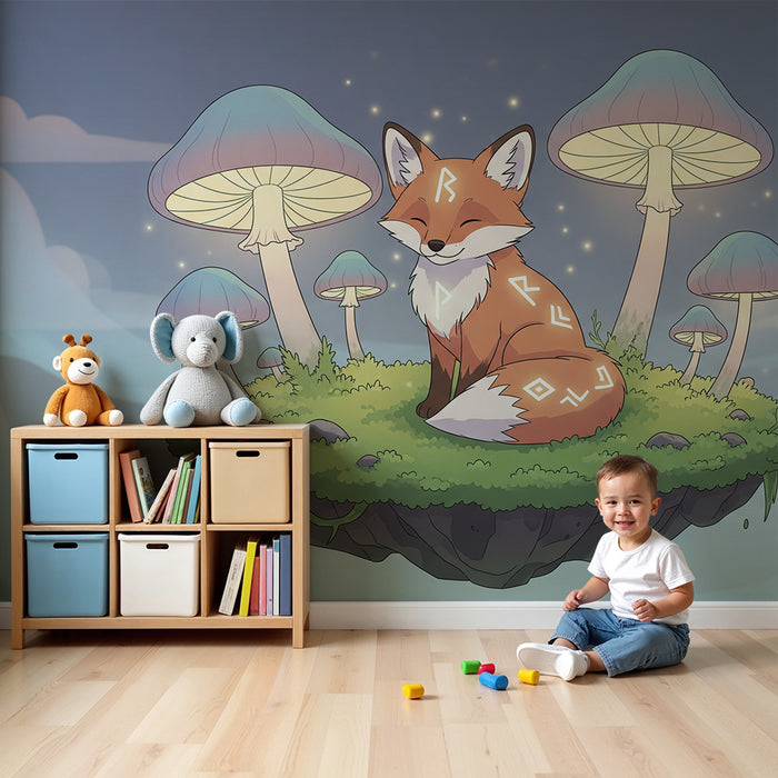 Kinderzimmer Tapete | Niedlicher Fuchs inmitten leuchtender Pilze