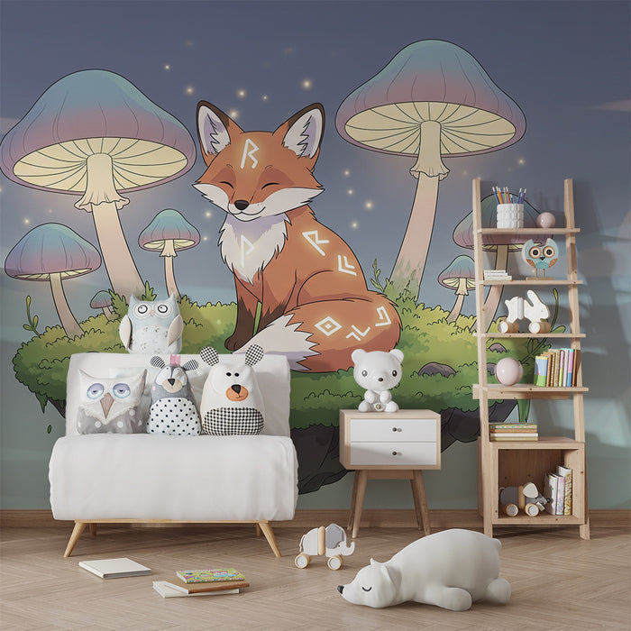 Kinderzimmer Tapete | Niedlicher Fuchs inmitten leuchtender Pilze