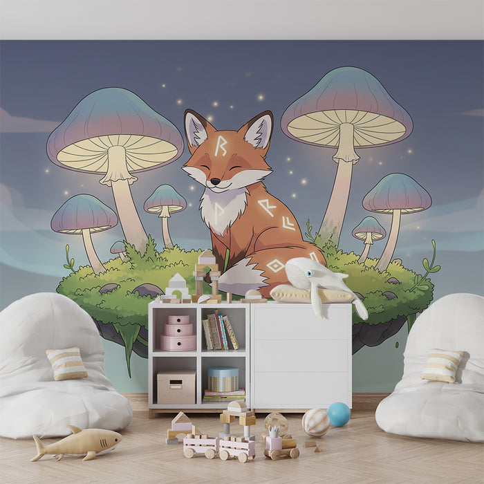 Kinderzimmer Tapete | Niedlicher Fuchs inmitten leuchtender Pilze