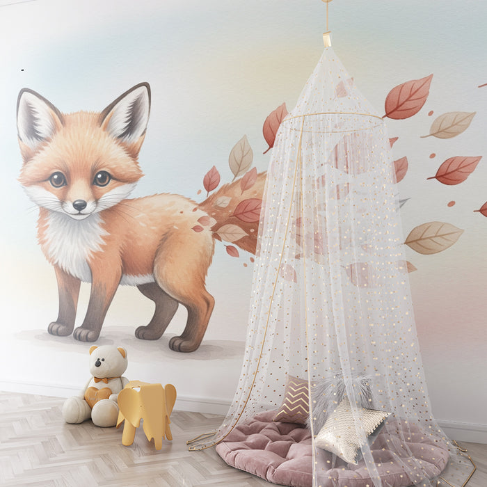 Kids room wallpaper | Cute fox with autumn leaves