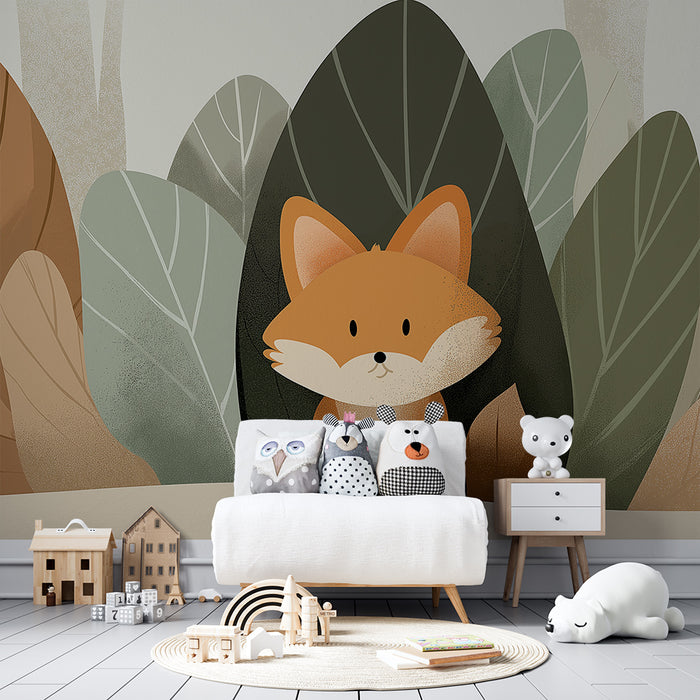 Kinderzimmer Tapete | Niedlicher Fuchs versteckt unter den Blättern