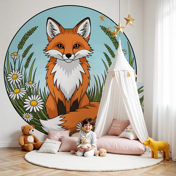 Kinderzimmer Tapete | Niedlicher Fuchs auf einem Blumenfeld