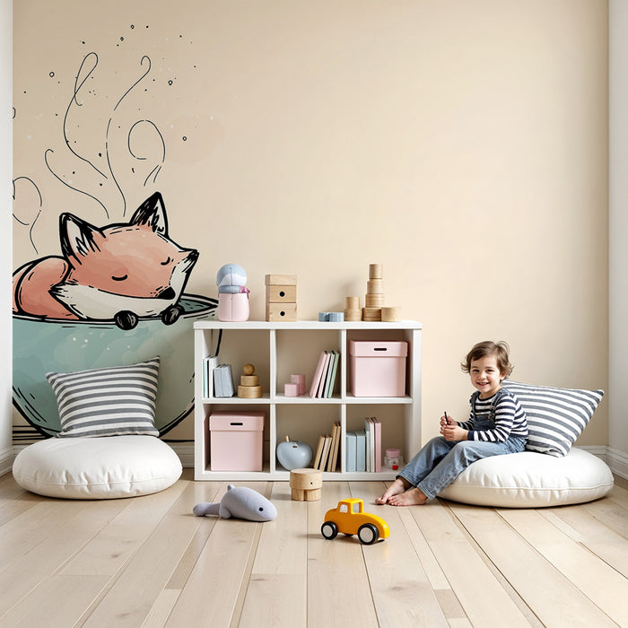 Kinderzimmer Tapete | Niedlicher Fuchs in einer Tasse mit sanftem Dampf