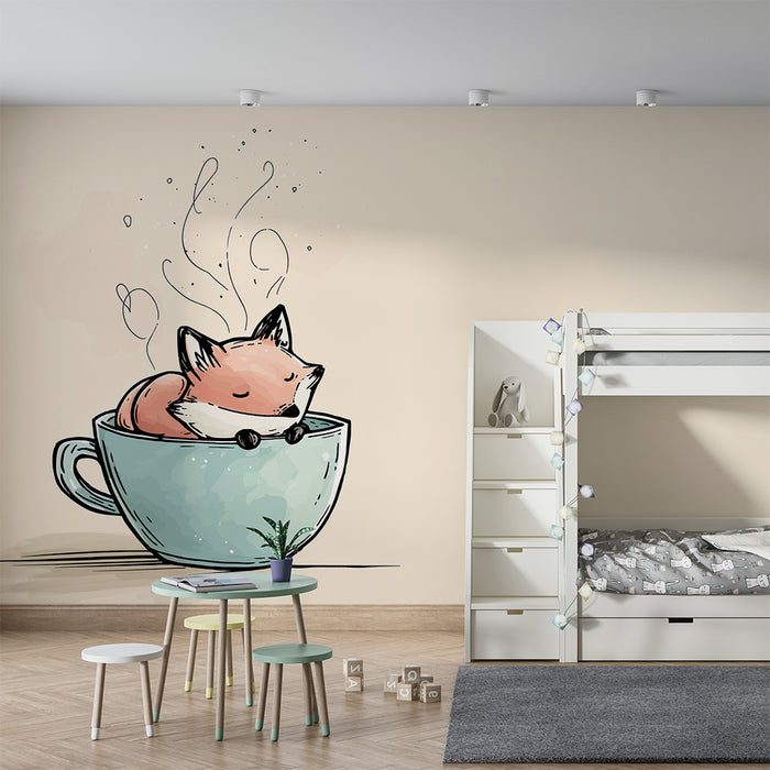 Kinderzimmer Tapete | Niedlicher Fuchs in einer Tasse mit sanftem Dampf
