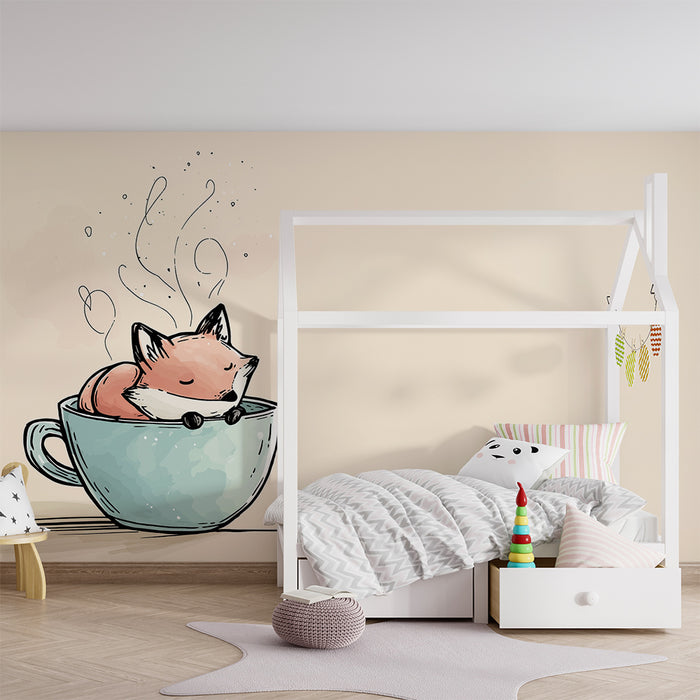 Kinderzimmer Tapete | Niedlicher Fuchs in einer Tasse mit sanftem Dampf