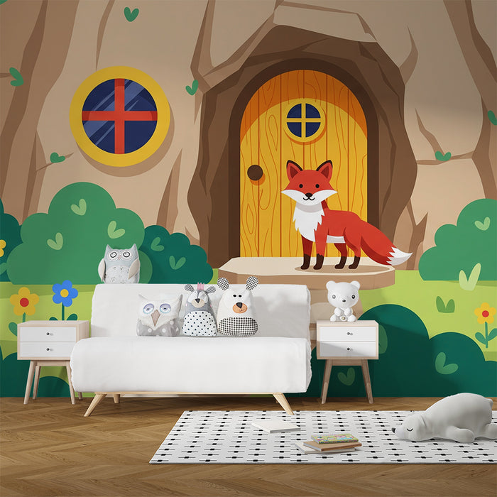 Lastenhuoneen tapetti | Suloinen kettu talon edessä metsässä