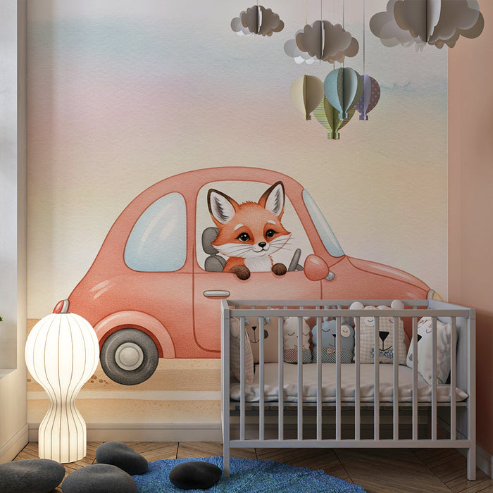 Papier de parede dječja soba | Simpatična lisica u automobilu