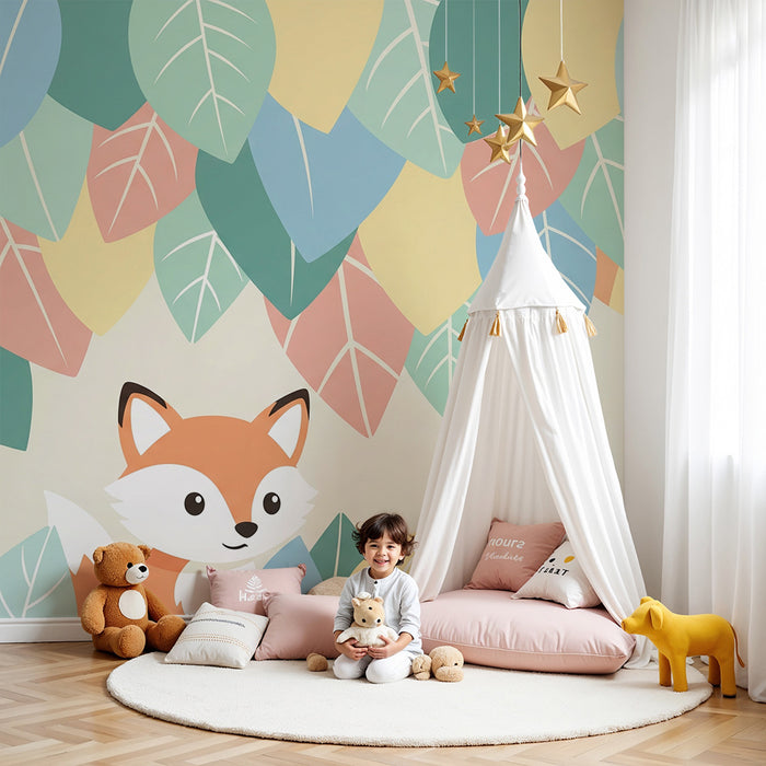 Kinderzimmer Tapete | Niedlicher Fuchs umgeben von bunten Blättern