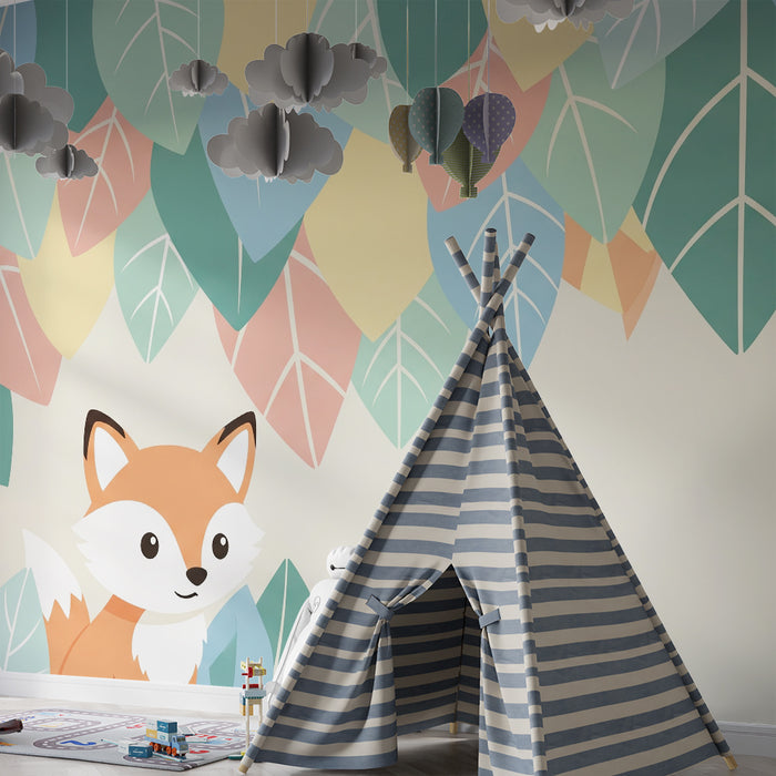 Kinderzimmer Tapete | Niedlicher Fuchs umgeben von bunten Blättern