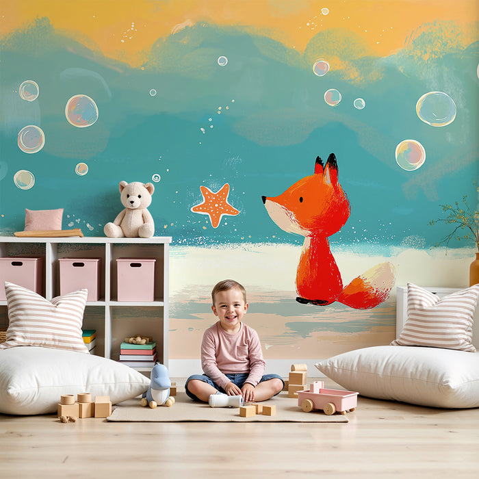 Behang kinderkamer | Schattige vos en zeesterren onder kleurrijke bellen