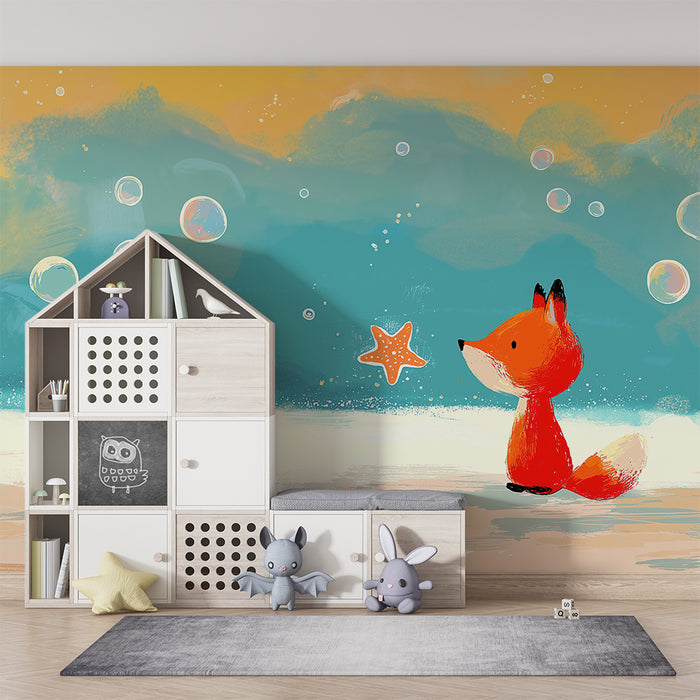Behang kinderkamer | Schattige vos en zeesterren onder kleurrijke bellen