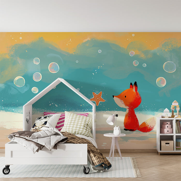 Behang kinderkamer | Schattige vos en zeesterren onder kleurrijke bellen