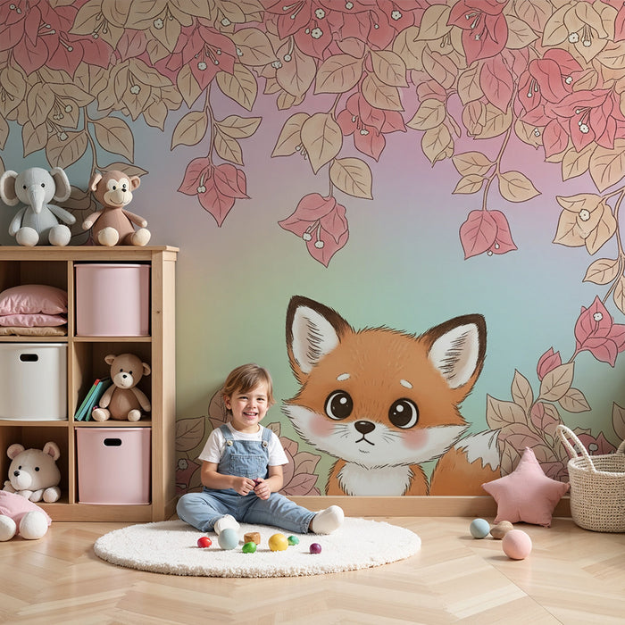 Børneværelse tapet | Sød ræv og farverigt løvwerk