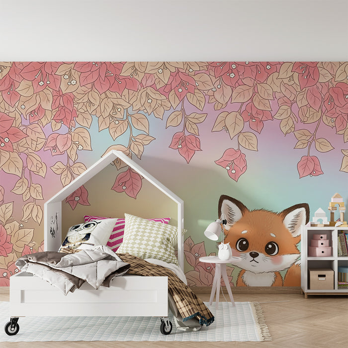 Børneværelse tapet | Sød ræv og farverigt løvwerk