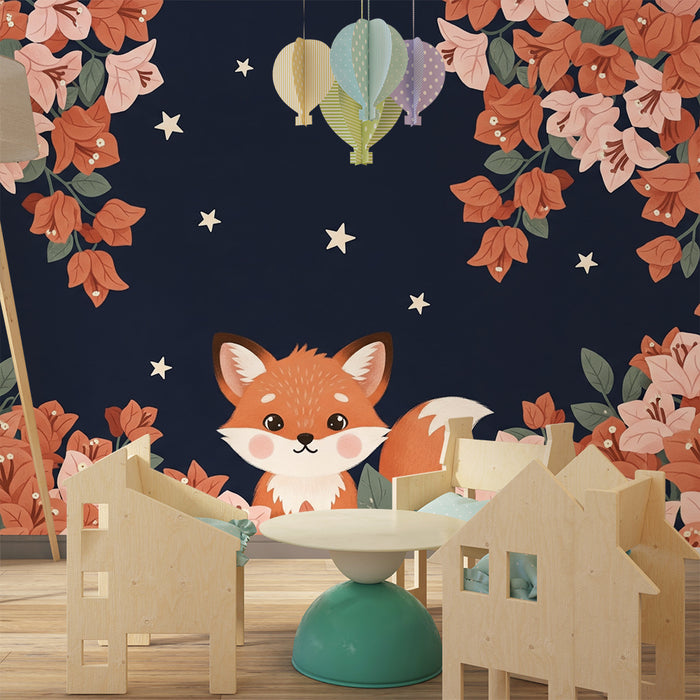 Børneværelse tapet | Sød ræv og farverige blomster