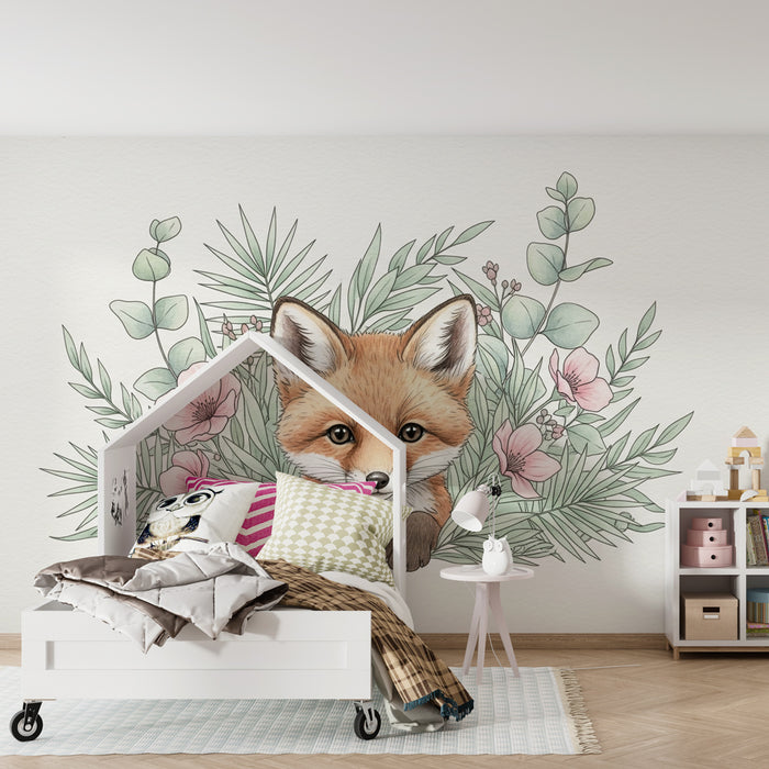 Papel de parede criança | Raposa fofa e flores delicadas