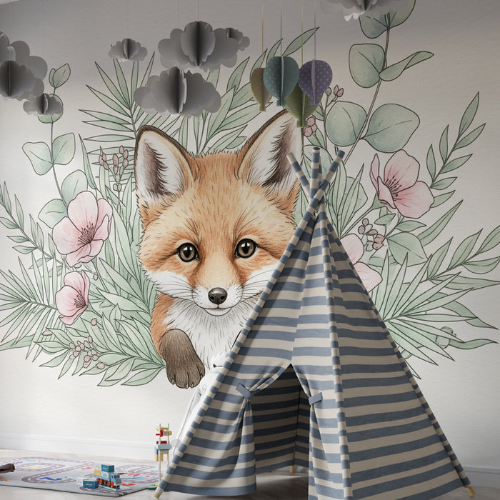 Papel de parede criança | Raposa fofa e flores delicadas
