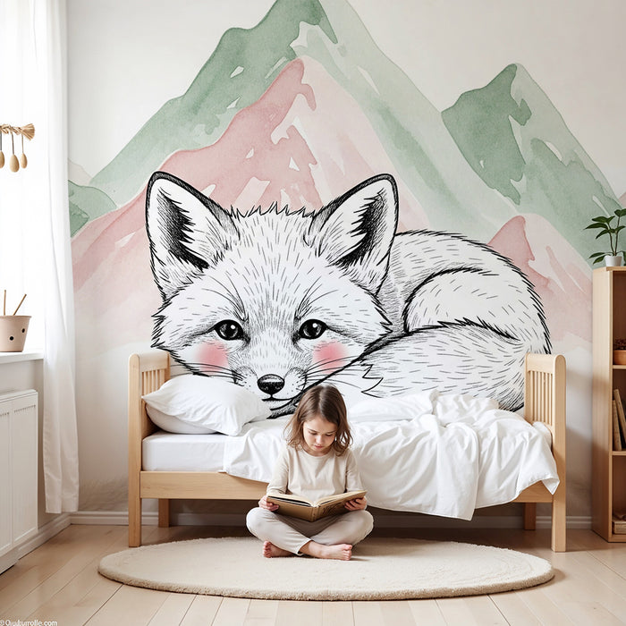 Papier de parede za otroško sobo | Srčkan lisjak in pastelne gore