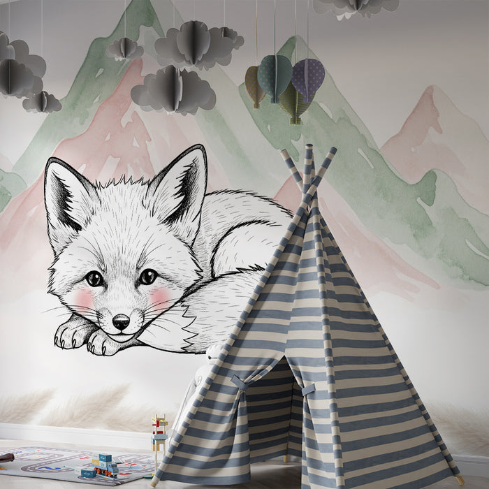 Papier de parede za otroško sobo | Srčkan lisjak in pastelne gore