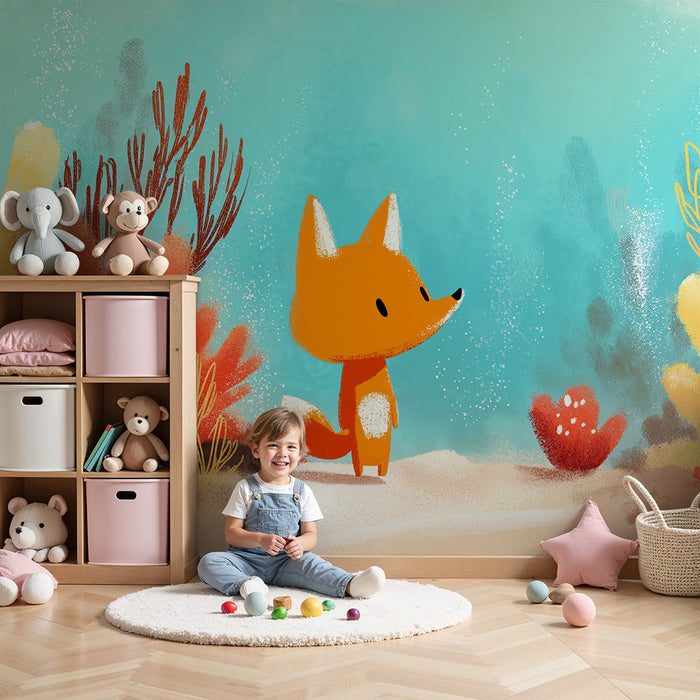 Kids room wallpaper | Cute fox exploring a colorful underwater world