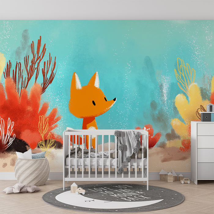 Kids room wallpaper | Cute fox exploring a colorful underwater world