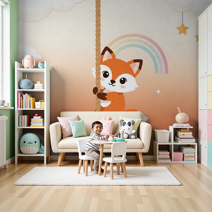 Kinderzimmer-Tapete | Niedlicher Fuchs klettert mit Regenbogen und Sternen