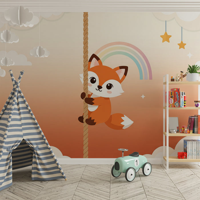 Kinderzimmer-Tapete | Niedlicher Fuchs klettert mit Regenbogen und Sternen